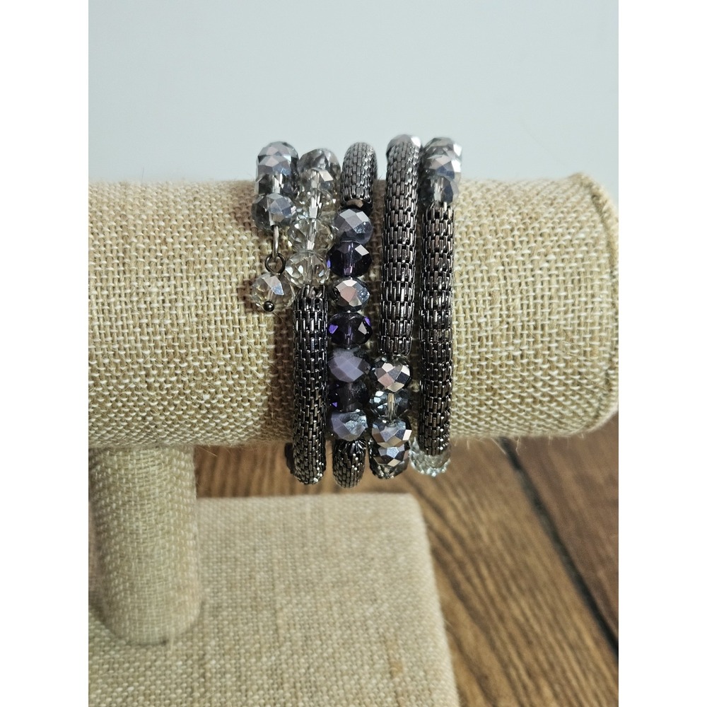 Gunmetal Mesh Faceted Beaded Multi Strand Coil Wrap Bracelet Purple Silver Stack